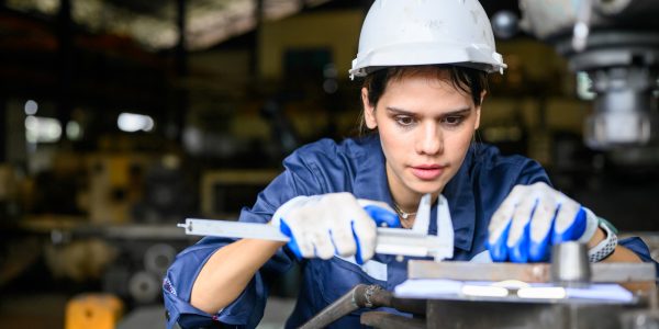 Female worker with safety hard hat working at manufacturing